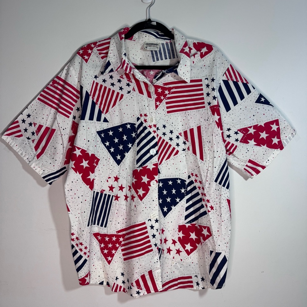 Vintage Separate Issue USA Flag Patchwork Button Up Shirt XL 1X Patriotic